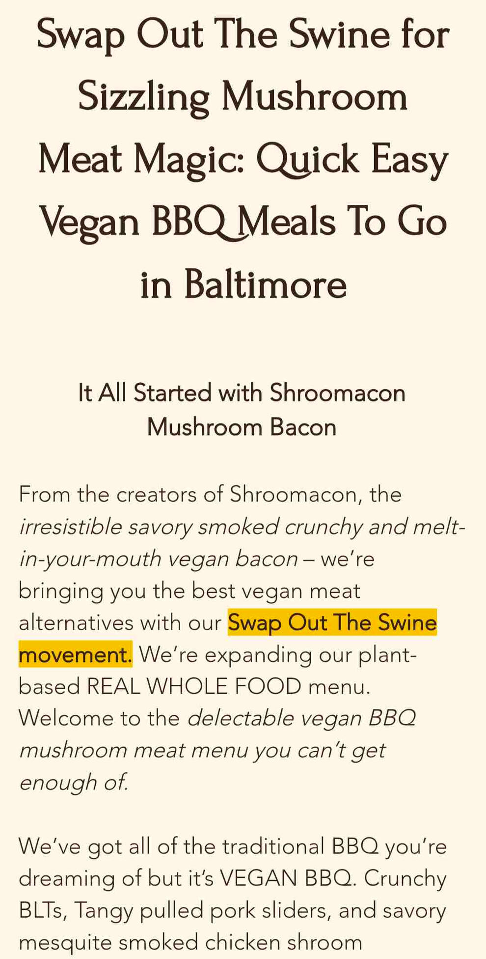 Home Page Copy for Swap Out Of The Swine Vegan web copy market strategy